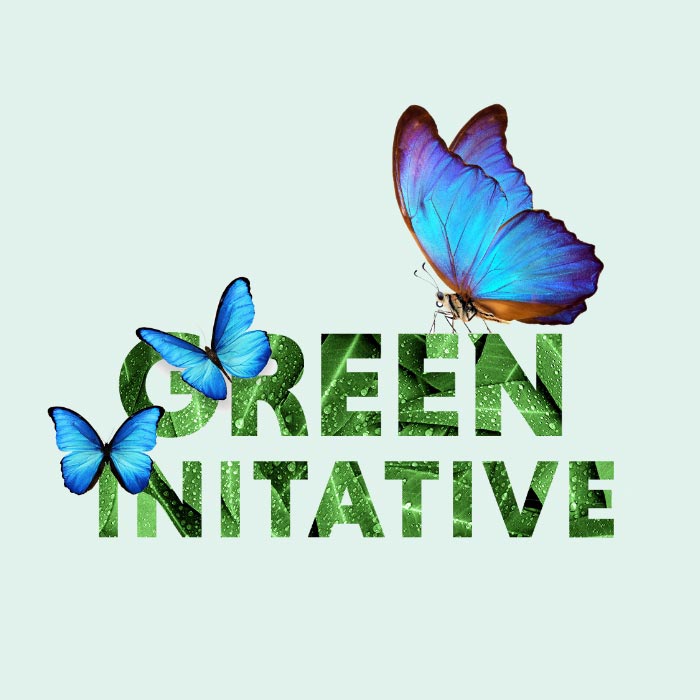Green Initiative logo spelled out with letters filled with images of green leaves, with images of three blue butterflies hovering among the letters.