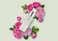 SIG-1273 Concentrated Serum bottle nestled in pink flowers on a light green background.