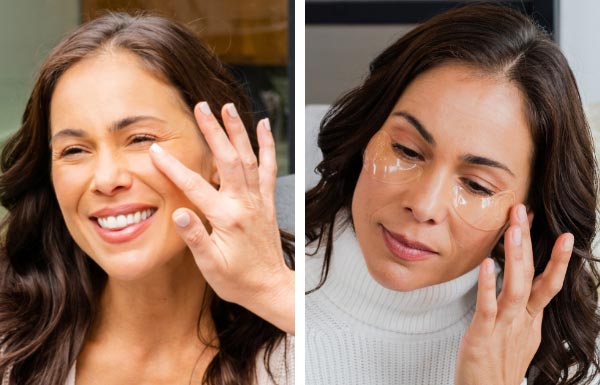 A side by side of a woman applying Eye Serum and putting on Eye Patches.