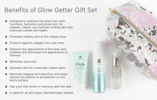Infographic of the benefits of using the Glow Getter Gift Set.